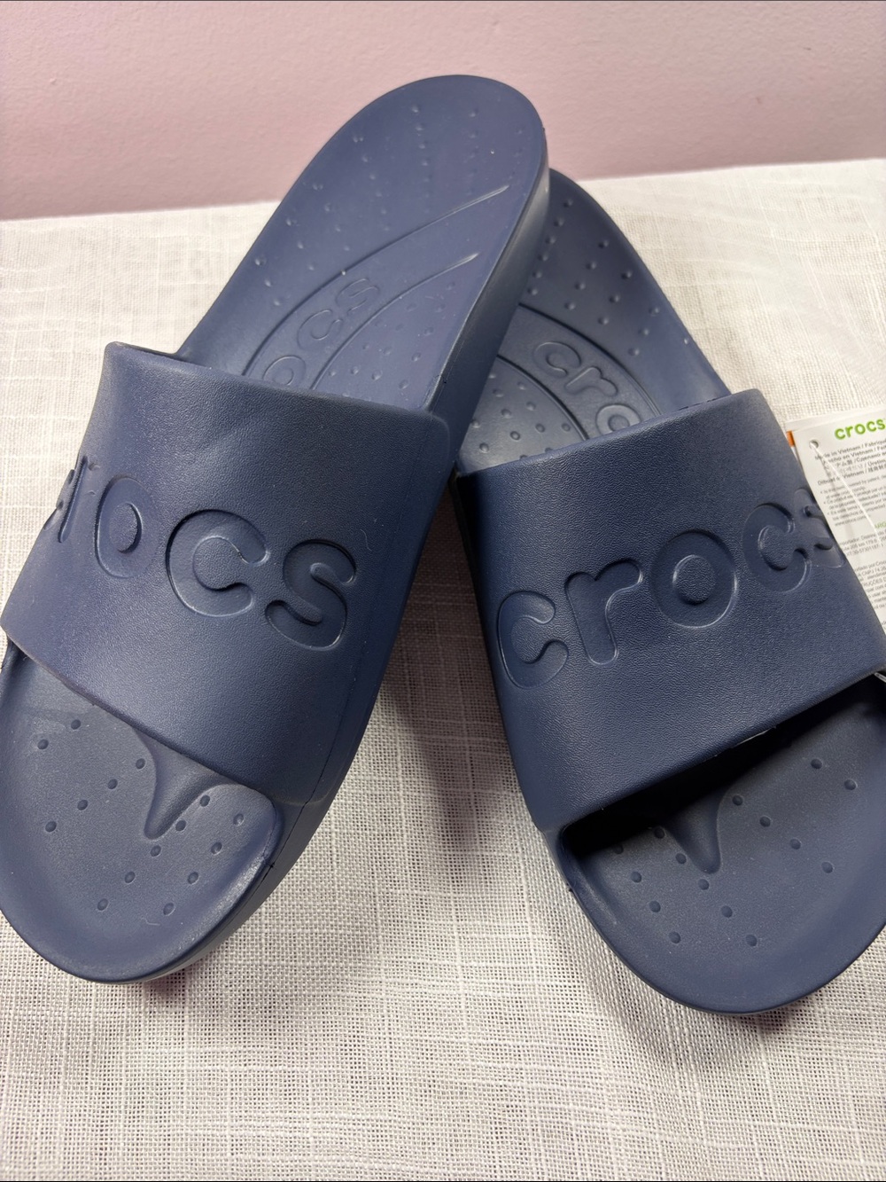 CROCS Navy Slide Sandals with Embossed Logo (w12/m10)